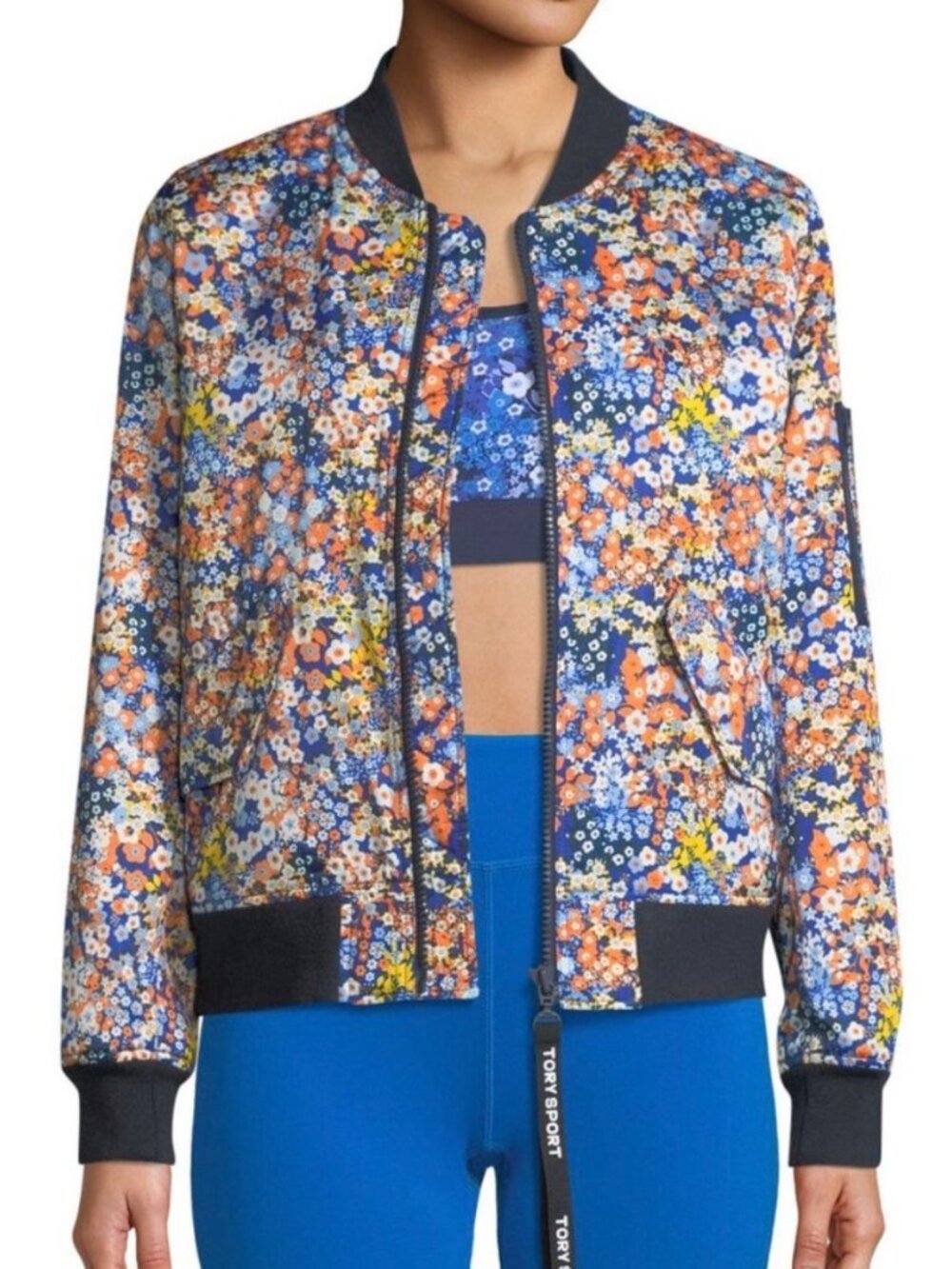Tory Burch Sport Navy Floral Satin Bomber Jacket Sz XS